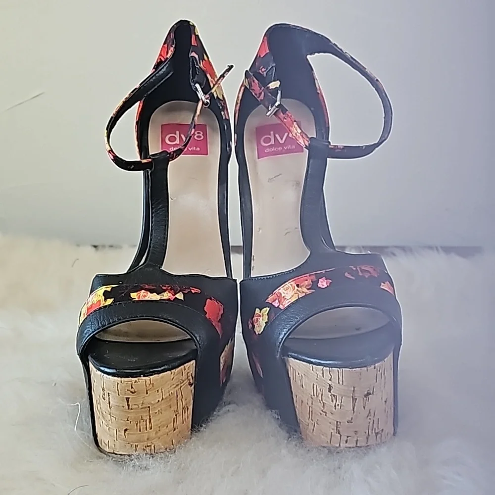 DV8 Dolce Vita floral platform very high heel shoes ankle strap leather cork